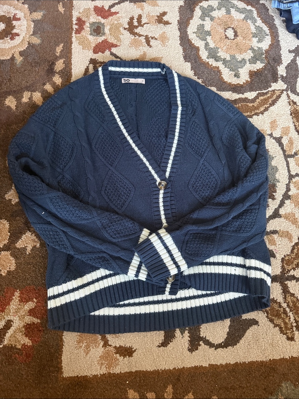 SO Navy Cable-Knit V-Neck Cardigan with Contrast Stripes